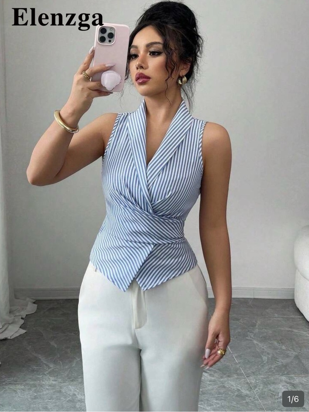 SHEIN Blue and White Striped Sleeveless Wrap Blouse